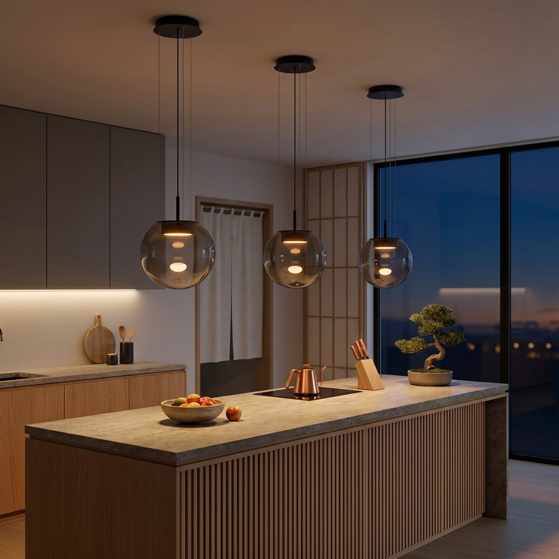 Minimalist glass globe pendant light FOSCHO LG368 – clear or smoked glass sphere with black metal canopy