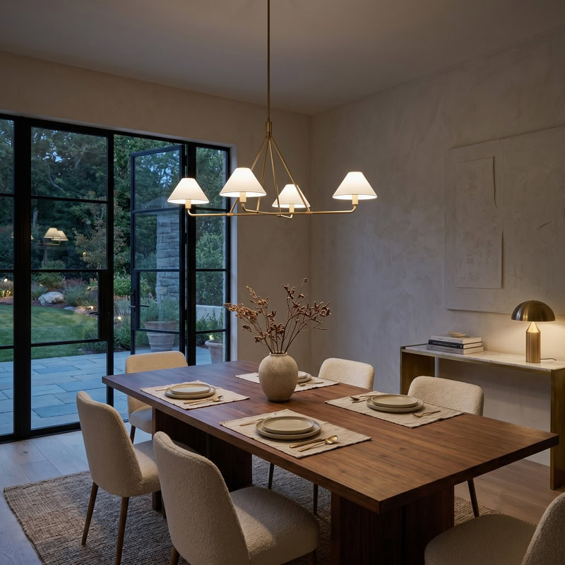 Modern Cone Shade Chandelier TESA LG376 with branching metal arms and tapered fabric shades in a contemporary interior