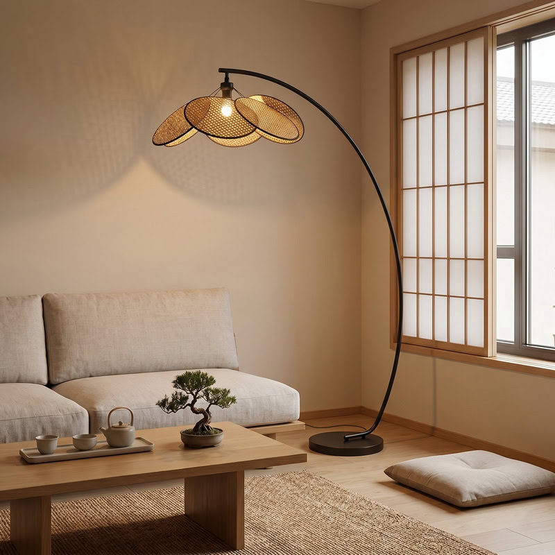 Rattan Arc Floor Lamp TERRAVA LG371 with woven rattan cluster shade and sweeping black metal arc