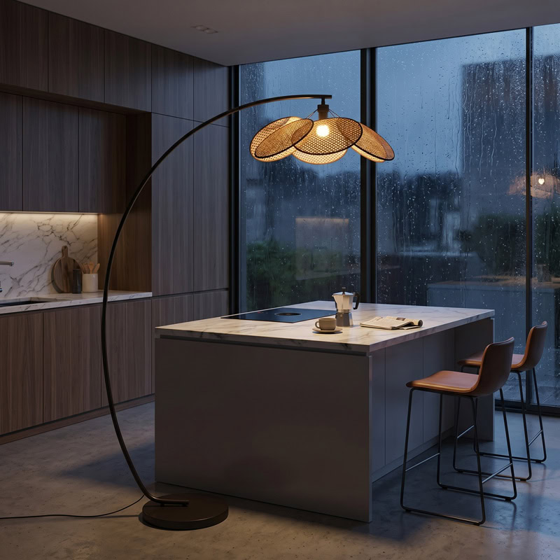 Rattan Arc Floor Lamp TERRAVA LG371 with woven rattan cluster shade and sweeping black metal arc