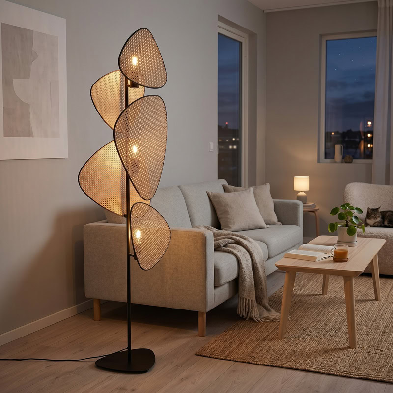 Rattan Sculptural Floor Lamp TERRAVA LG372 with handwoven rattan shades and black metal frame for modern decorative interior lighting.