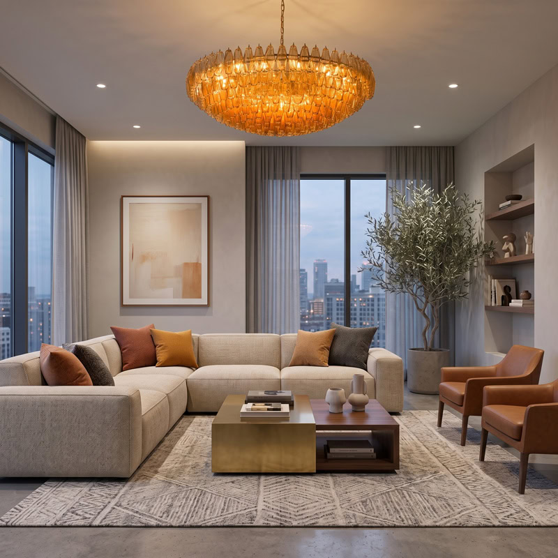 Luxury Amber Glass Chandelier WOLFOS LG381 with layered amber glass elements for modern luxury interiors