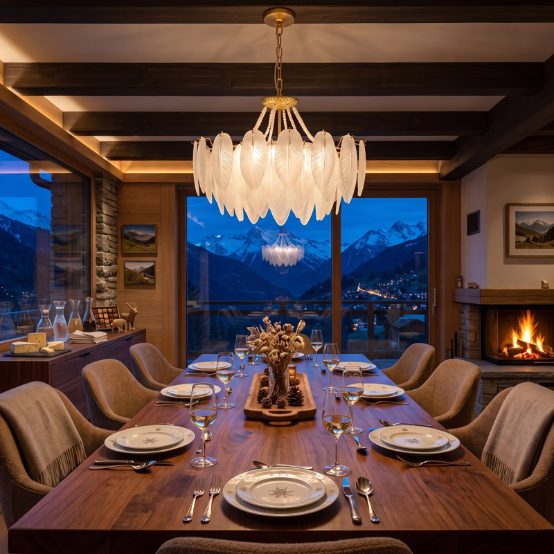 Luxury Glass Feather Chandelier WOLFOS LG374 with layered white glass feathers and gold frame in an elegant contemporary interior