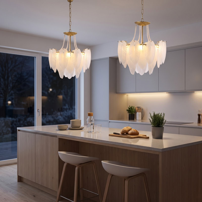 Luxury Glass Feather Chandelier WOLFOS LG374 with layered white glass feathers and gold frame in an elegant contemporary interior