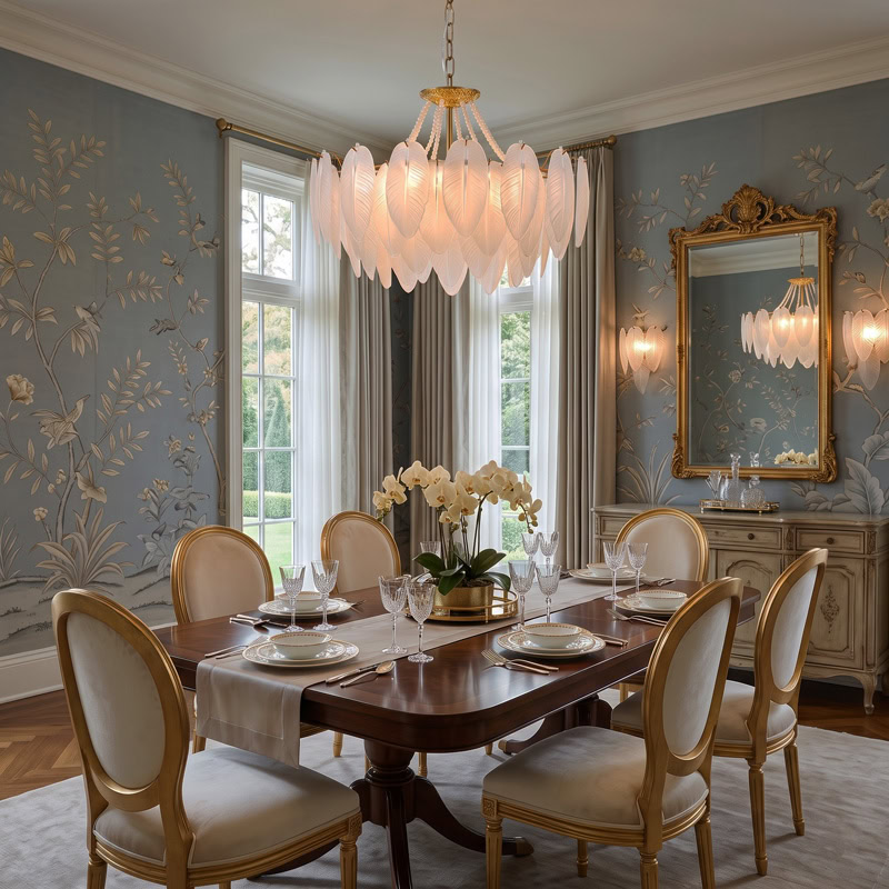 Luxury Glass Feather Chandelier WOLFOS LG374 with layered white glass feathers and gold frame in an elegant contemporary interior