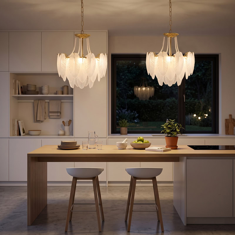 Luxury Glass Feather Chandelier WOLFOS LG374 with layered white glass feathers and gold frame in an elegant contemporary interior