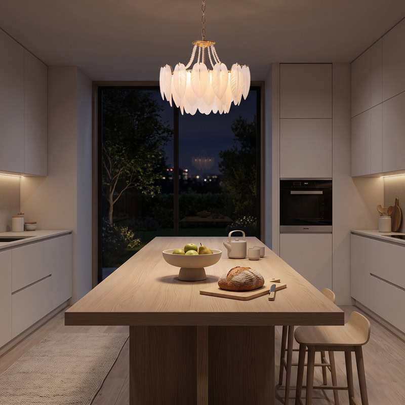 Luxury Glass Feather Chandelier WOLFOS LG374 with layered white glass feathers and gold frame in an elegant contemporary interior