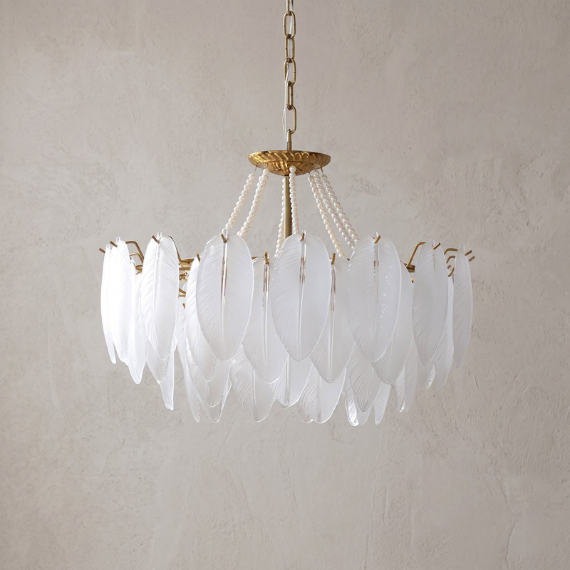Luxury Glass Feather Chandelier WOLFOS LG374 with layered white glass feathers and gold frame in an elegant contemporary interior