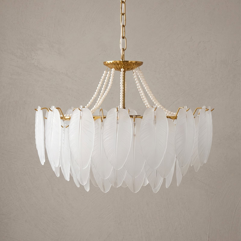 Luxury Glass Feather Chandelier WOLFOS LG374 with layered white glass feathers and gold frame in an elegant contemporary interior