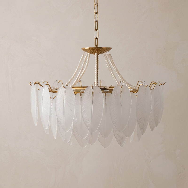 Luxury Glass Feather Chandelier WOLFOS LG374 with layered white glass feathers and gold frame in an elegant contemporary interior