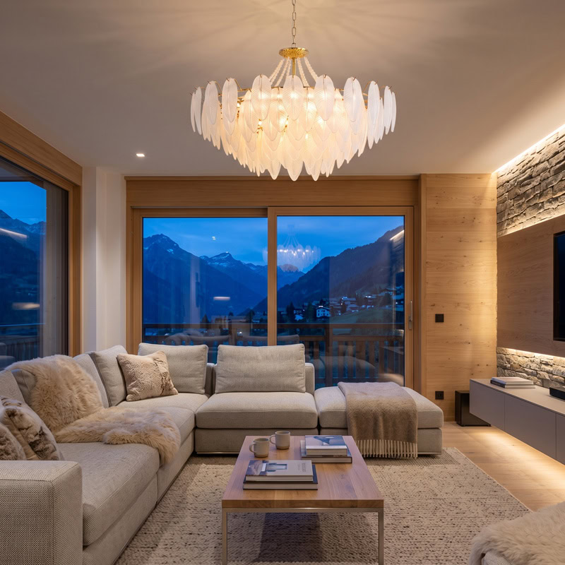 Luxury Glass Feather Chandelier WOLFOS LG374 with layered white glass feathers and gold frame in an elegant contemporary interior