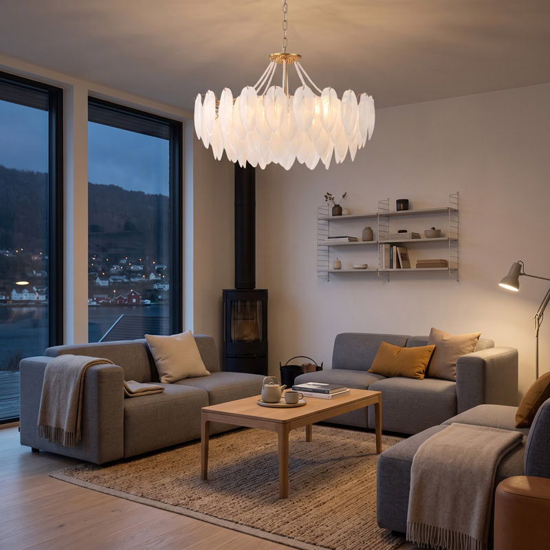Luxury Glass Feather Chandelier WOLFOS LG374 with layered white glass feathers and gold frame in an elegant contemporary interior