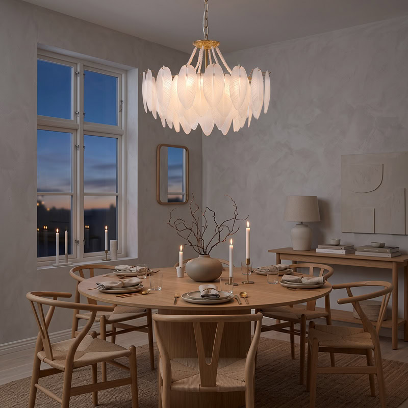 Luxury Glass Feather Chandelier WOLFOS LG374 with layered white glass feathers and gold frame in an elegant contemporary interior