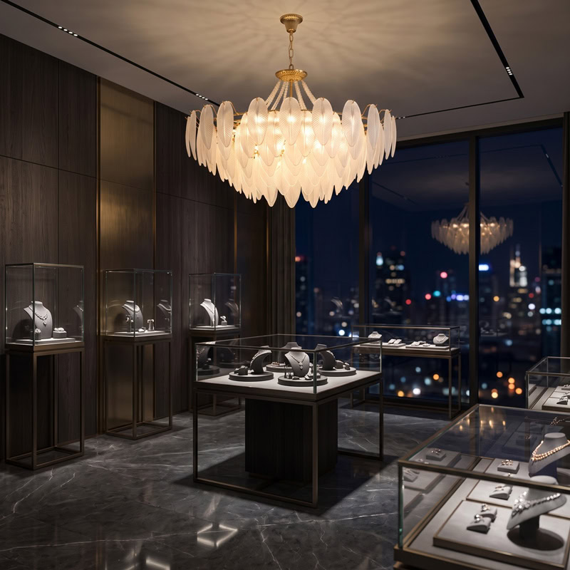 Luxury Glass Feather Chandelier WOLFOS LG374 with layered white glass feathers and gold frame in an elegant contemporary interior