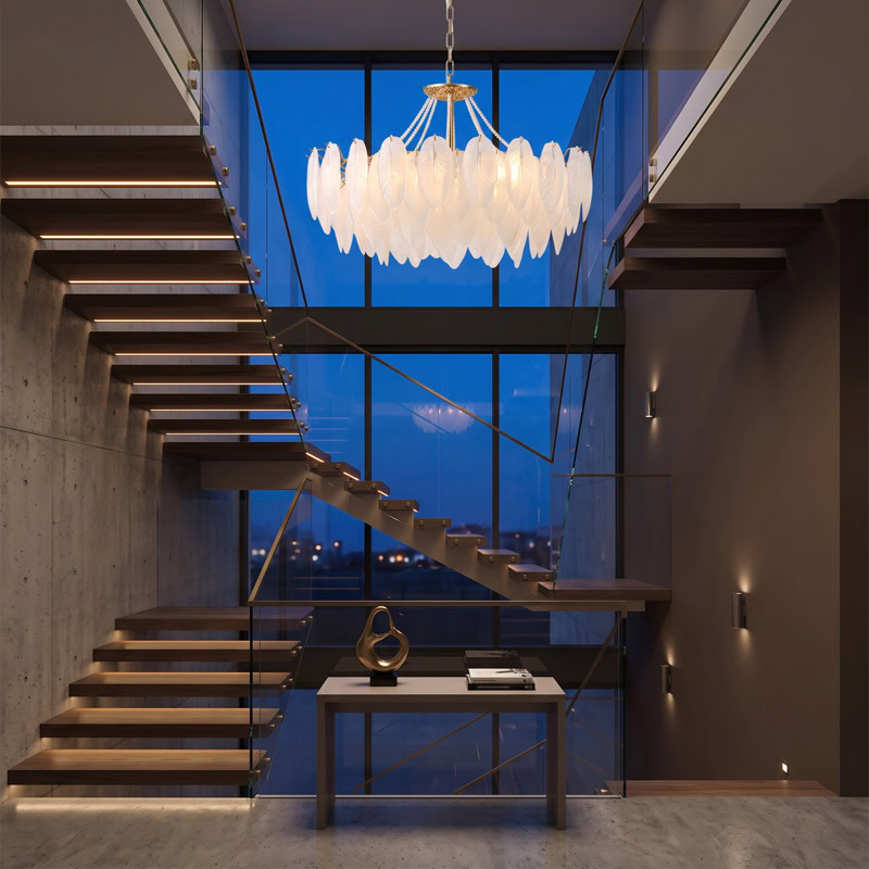 Luxury Glass Feather Chandelier WOLFOS LG374 with layered white glass feathers and gold frame in an elegant contemporary interior