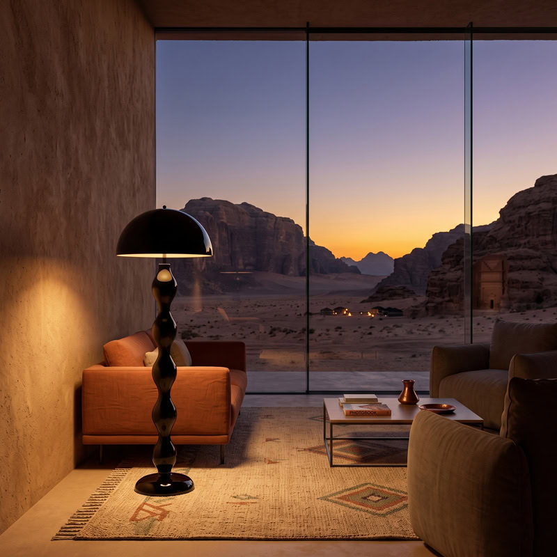 Sculptural Dome Floor Lamp FLOM LG375 with wavy stem and rounded dome shade for contemporary interior spaces