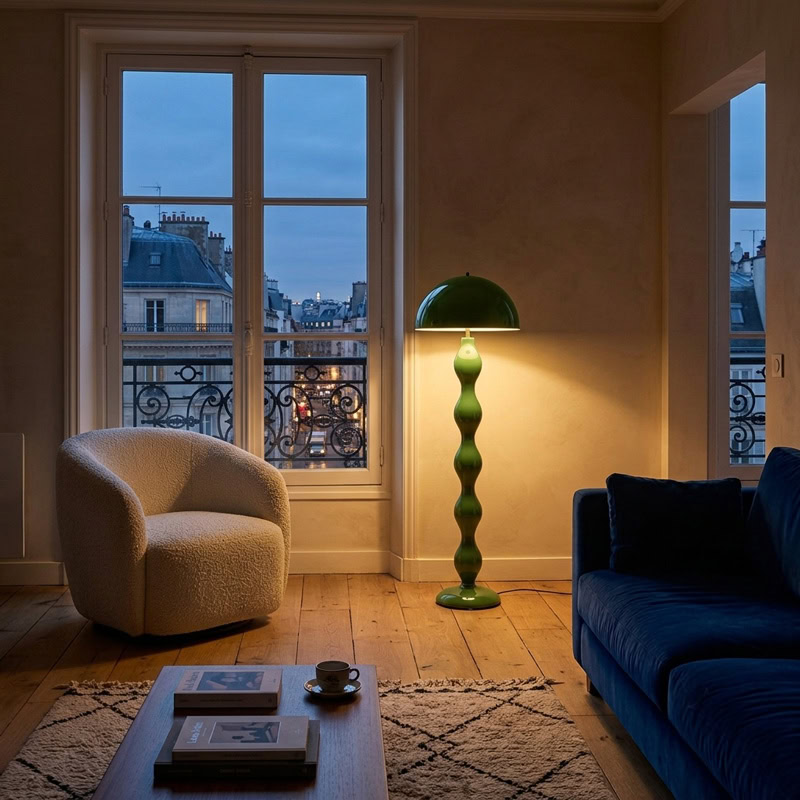 Sculptural Dome Floor Lamp FLOM LG375 with wavy stem and rounded dome shade for contemporary interior spaces