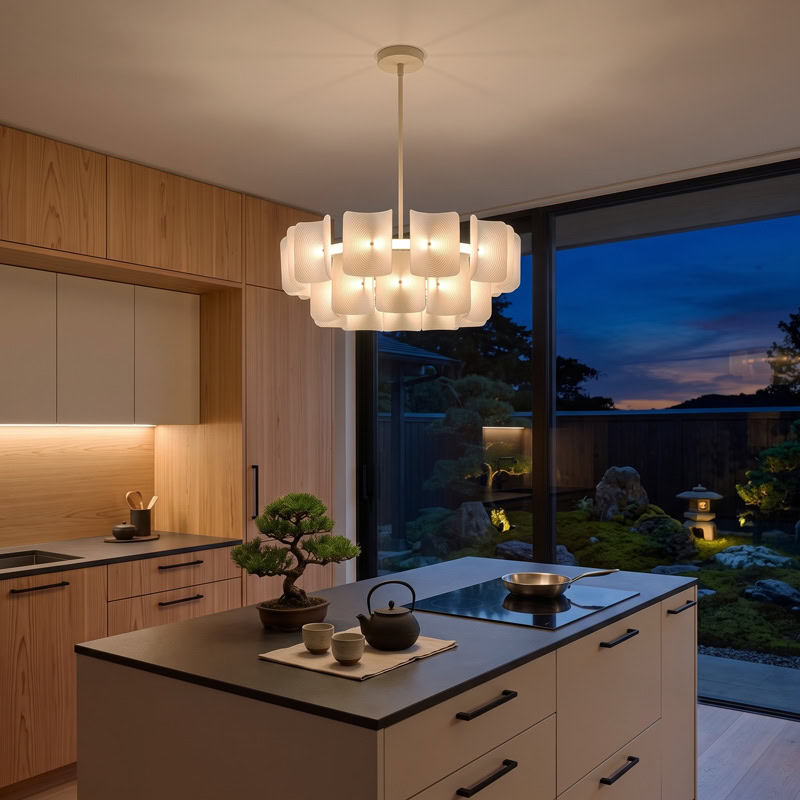 Wabi Sabi Ripple Chandelier CHANDEL LG378 with sculptural wavy acrylic shade and soft ambient glow in a modern interior