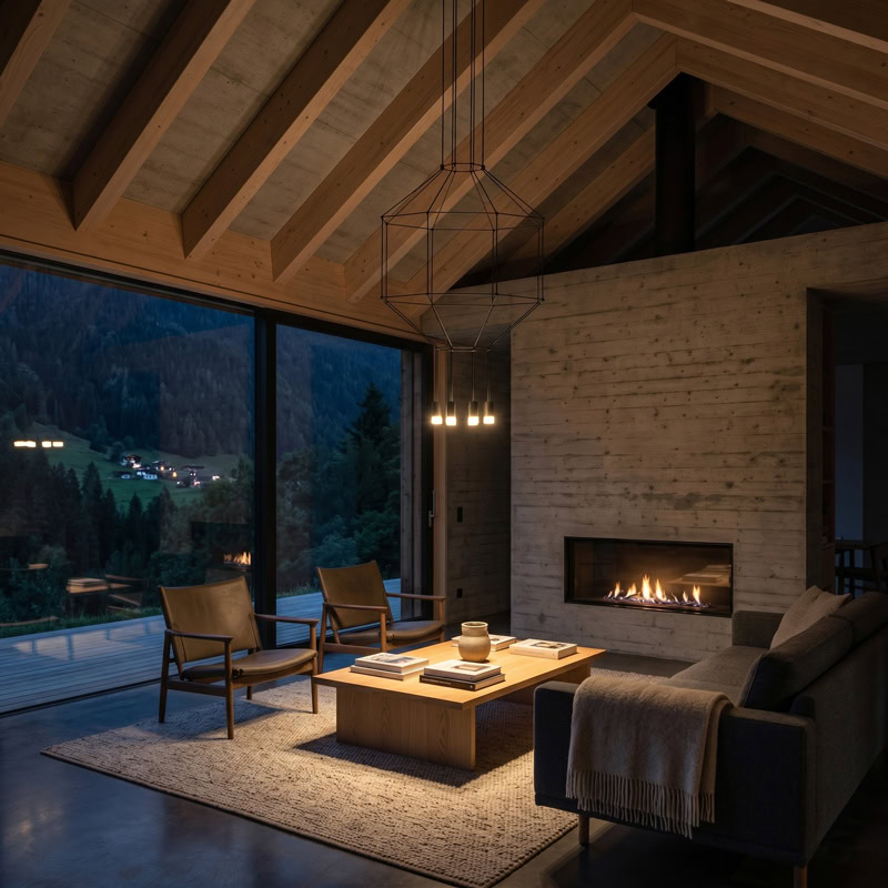 geometric chandelier for modern double height living room