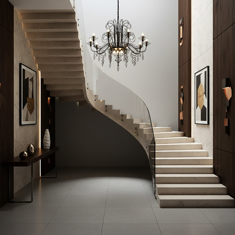 chandelier for double height staircase and living room