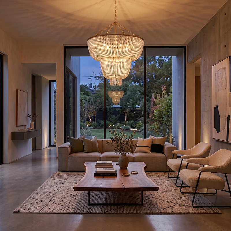Luxury Beaded Chandelier CHANDEL LG391 with layered bead detailing and elegant metal frame in a sophisticated contemporary interior