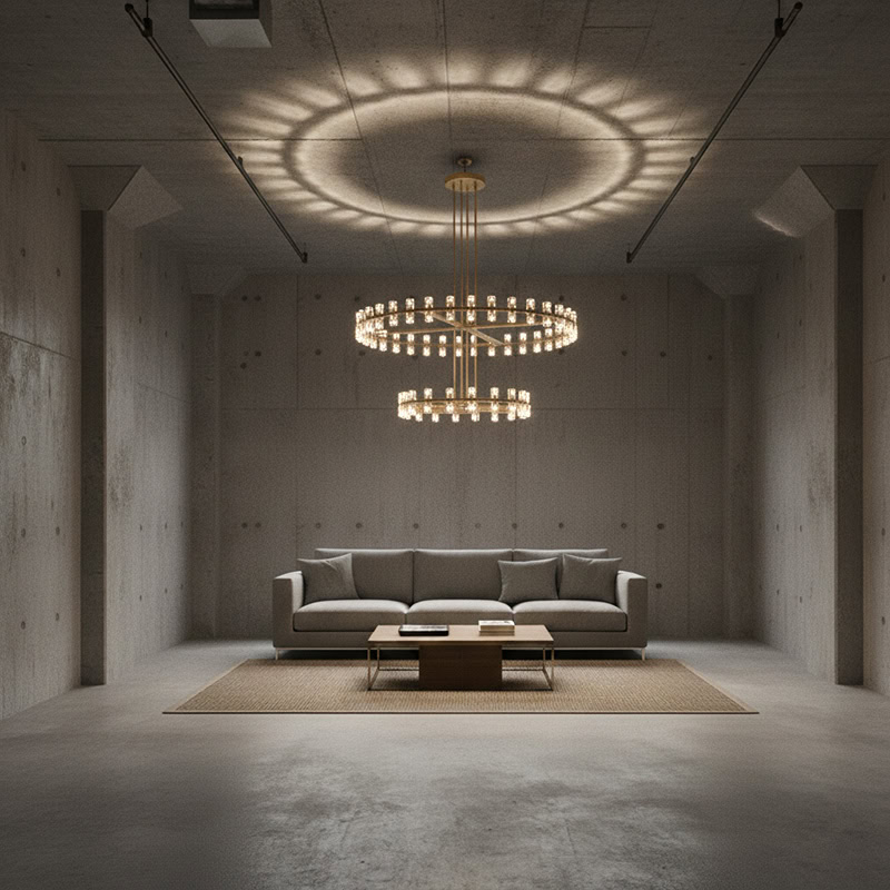 two tier chandelier beside staircase in double height interior